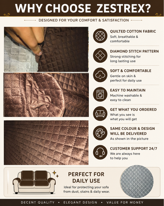 Zestrex Premium 16 pcs sofa + 5 pcs cushion quillted solid plain brown set covers including armrest covers .